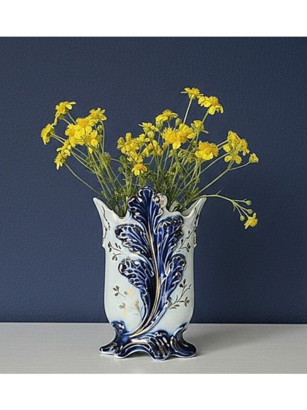 Antique Blue Flow Vase with leaf pattern gold trim 4" Posey vase, Germany, numbe